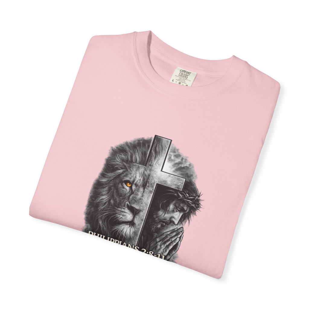 Christian Lion Cross T-Shirt — Philippians 2:8 Faith Graphic Tee