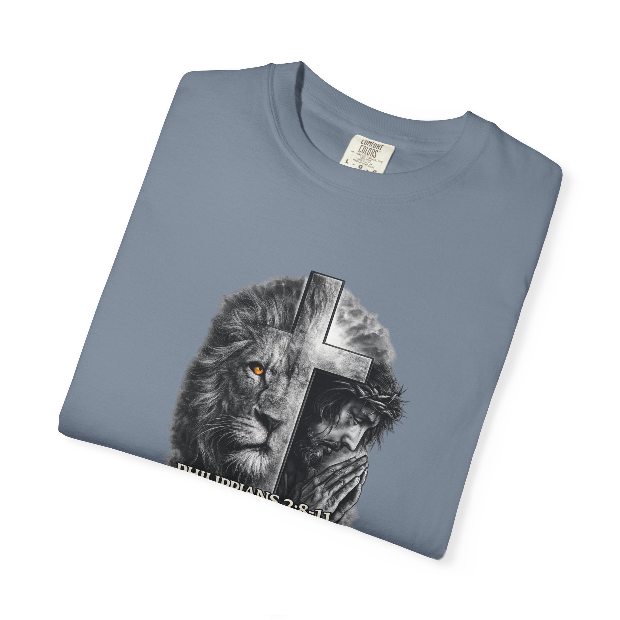 Christian Lion Cross T-Shirt — Philippians 2:8 Faith Graphic Tee