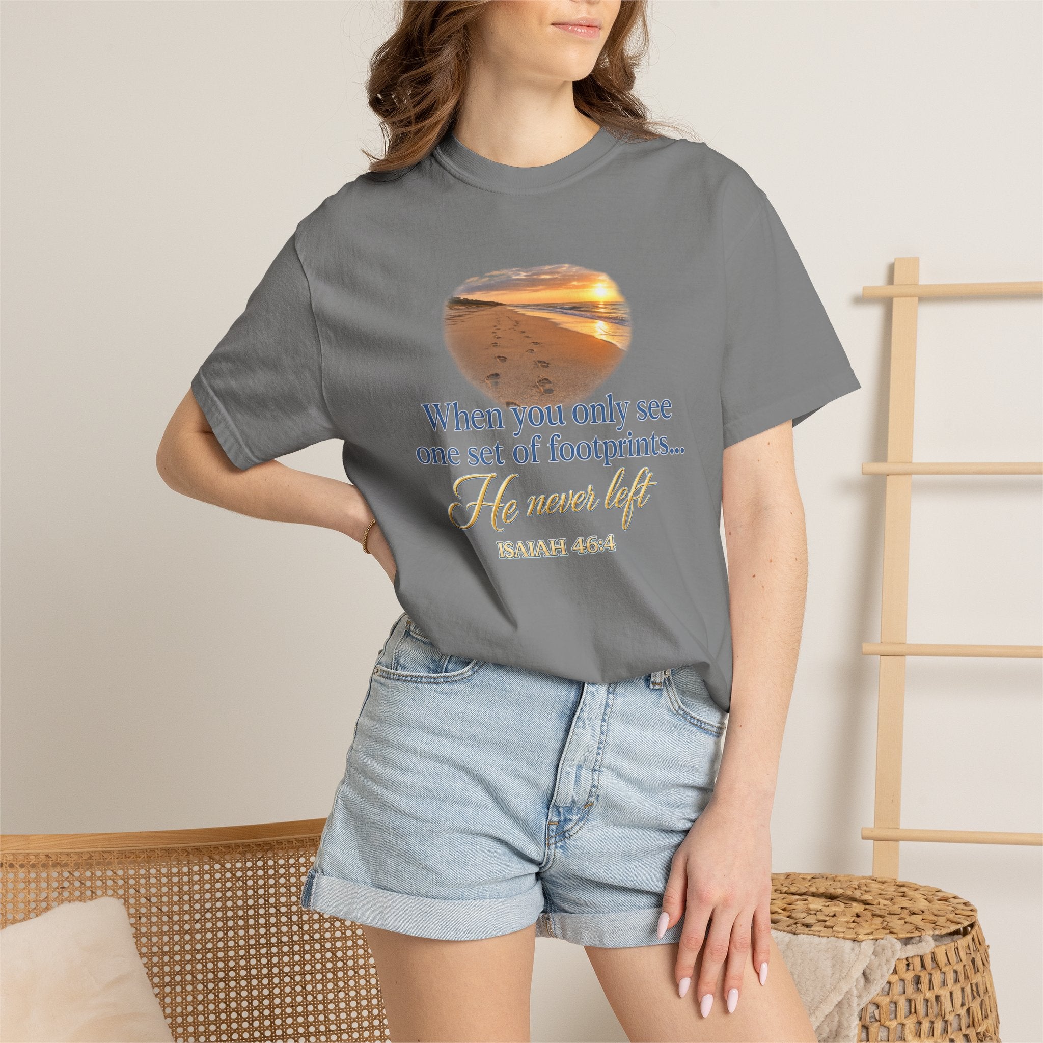Footprints Bible Verse T-Shirt — "When You Only See One Set of Footprints... He Never Left"