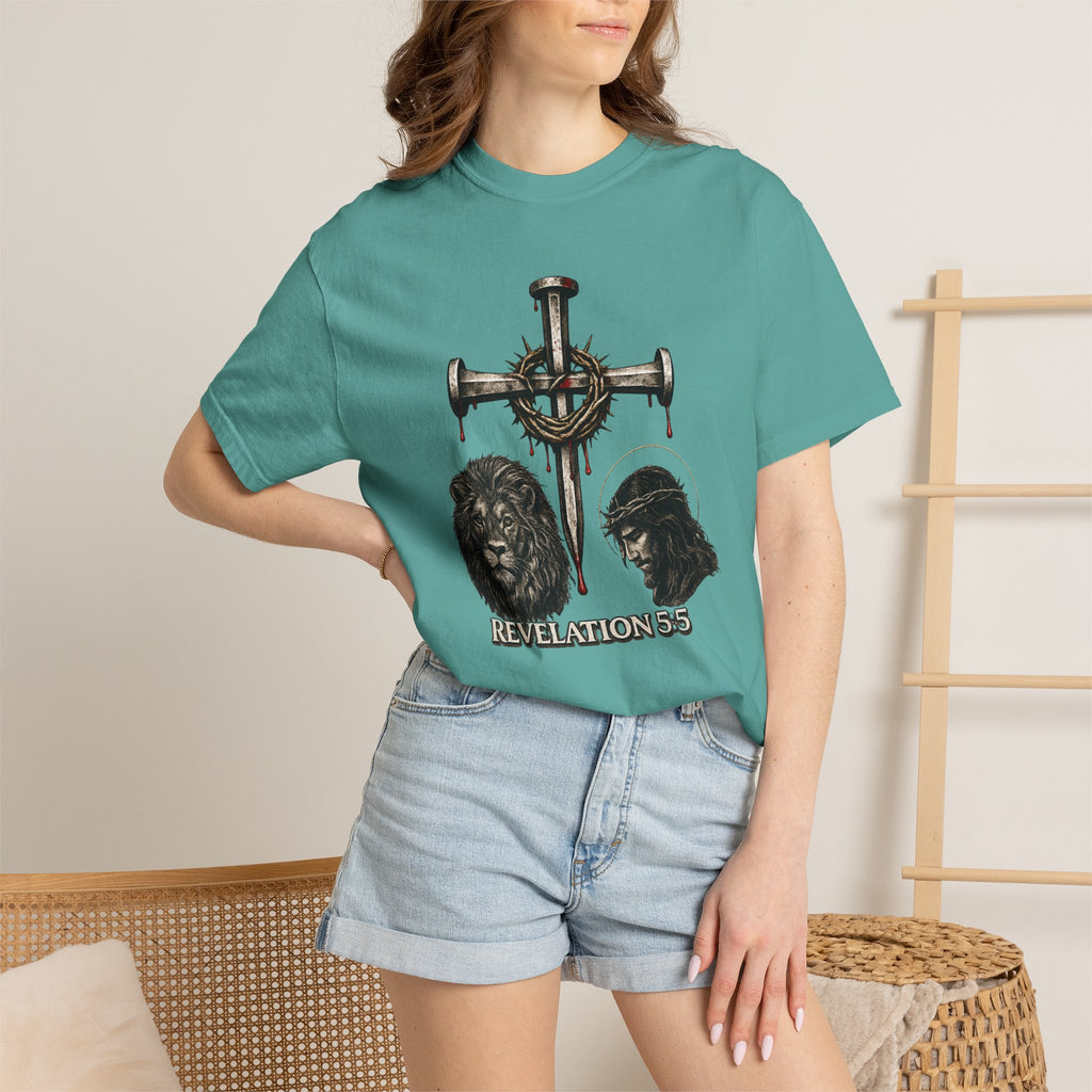Revelation 5:5 Christian T-Shirt — Lion & Lamb Cross Design