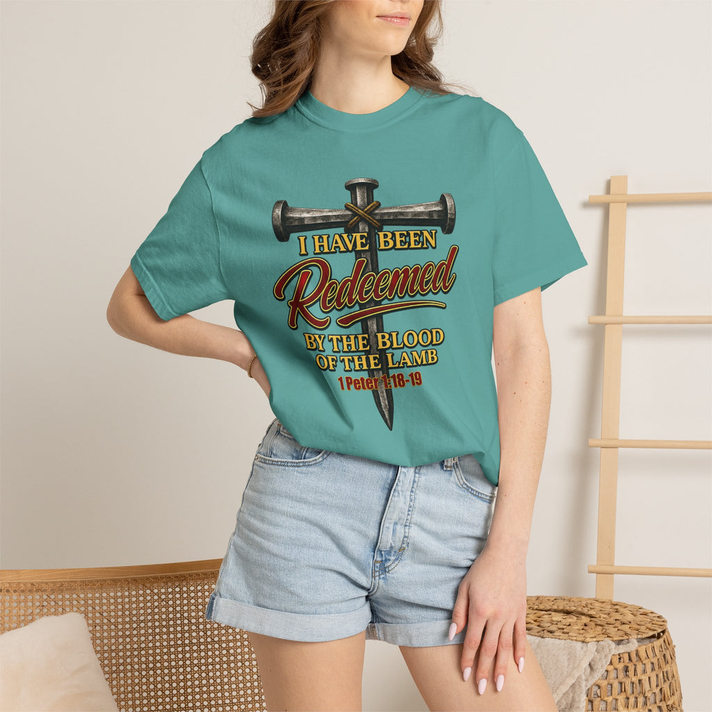 Redeemed by the Blood T-Shirt — Christian Cross & Nail Faith Tee (1 Peter 1:18-19)