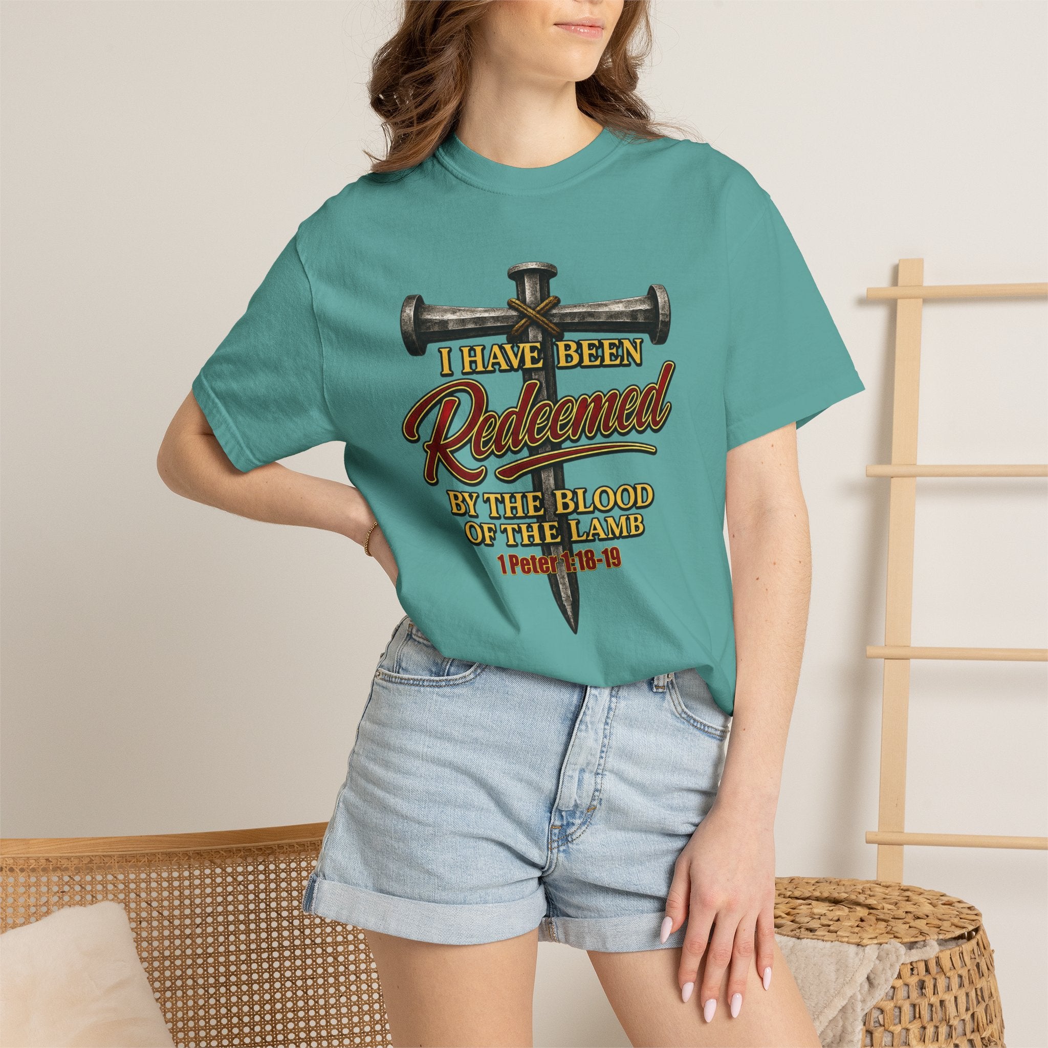 Redeemed by the Blood T-Shirt — Christian Cross & Nail Faith Tee (1 Peter 1:18-19)
